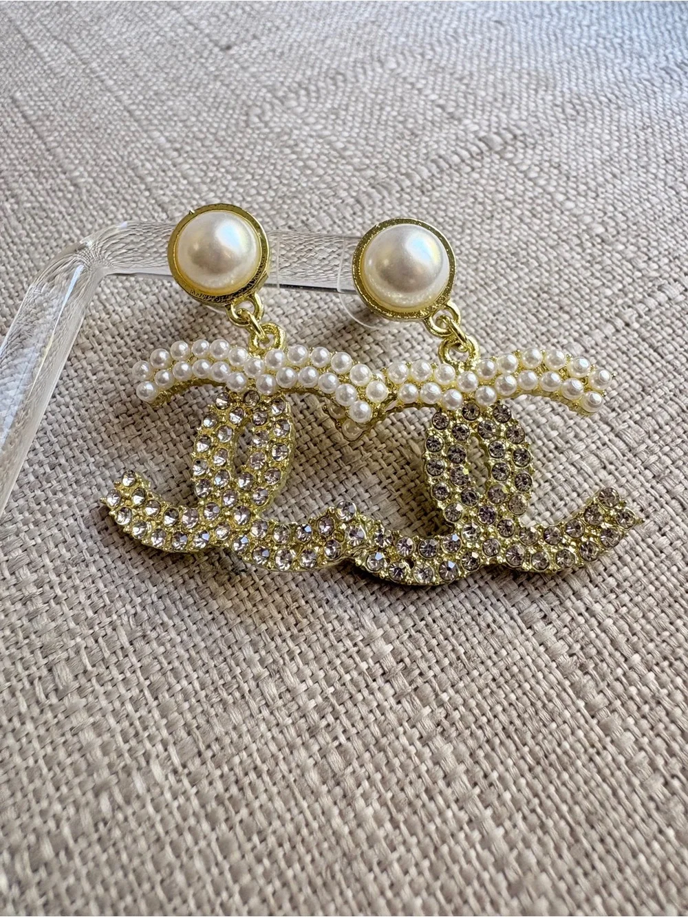 CHANEL Gold-Tone Pearl & Crystal CC Drop Earrings